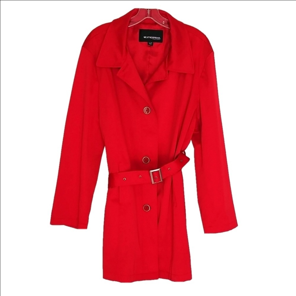 Weatherproof Trench Coat Womens XL Red Belted Button Front Mid Length Jacket
